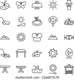 Thin Line Icon Set - cafe vector, sun, flower in pot, lawn mower, butterfly, pond, picnic table, brightness, pool, fruit tree, mountains, restaurant, alcove