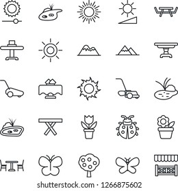 Thin Line Icon Set - cafe vector, sun, flower in pot, lawn mower, butterfly, lady bug, pond, picnic table, brightness, fruit tree, mountains, restaurant, alcove