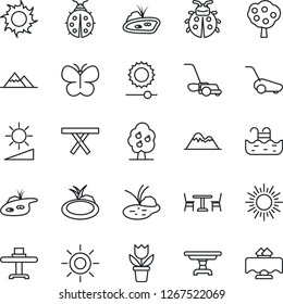 Thin Line Icon Set - cafe vector, sun, flower in pot, lawn mower, butterfly, lady bug, pond, picnic table, brightness, pool, fruit tree, mountains, restaurant