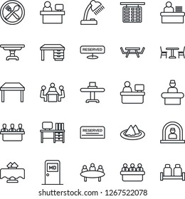 Thin Line Icon Set - cafe vector, reception, flight table, medical room, desk, meeting, manager place, picnic, lamp, restaurant, serviette, reserved, salt and pepper