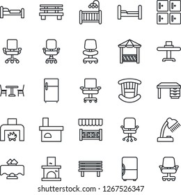 Thin Line Icon Set - cafe vector, bed, checkroom, office chair, desk, bench, fireplace, lamp, bedroom, children room, restaurant table, alcove, fridge