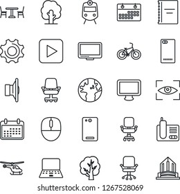Thin Line Icon Set - cafe vector, train, helicopter, office chair, mouse, notebook pc, tree, bike, earth, speaker, monitor, radio phone, play button, back, settings, calendar, copybook, eye scan