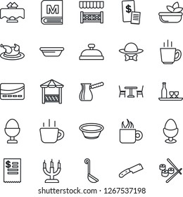 Thin Line Icon Set - cafe vector, coffee, alcohol, restaurant table, menu, reception, salad, egg stand, candle, dress code, alcove, credit card, receipt, chicken, ladle, bowl, knife, turkish, sushi