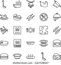 Thin Line Icon Set - cafe vector, menu, salad, plates, waiter, bread, chicken, steak, kebab, hamburger, ladle, bowl, rolling pin, sushi, cheese