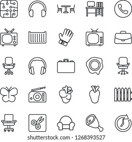 Thin Line Icon Set - cafe vector, phone, office chair, case, desk, stamp, fence, glove, butterfly, real heart, cargo container, radio, tv, headphones, cut, cushioned furniture, ham, chip, clock