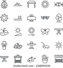 Thin Line Icon Set - cafe vector, sun, flower in pot, lawn mower, butterfly, lady bug, pond, picnic table, brightness, pool, fruit tree, mountains, restaurant, alcove
