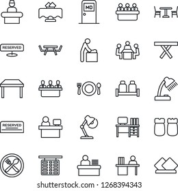 Thin Line Icon Set - cafe vector, baby room, reception, flight table, medical, desk, meeting, manager place, picnic, lamp, restaurant, reserved, salt and pepper, serviette