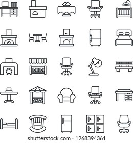 Thin Line Icon Set - cafe vector, checkroom, office chair, desk, bench, fireplace, lamp, bedroom, children room, cushioned furniture, restaurant table, alcove, fridge