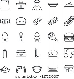 Thin Line Icon Set - cafe vector, waiter, cook, restaurant table, serviette, reserved, reception, bacon, egg stand, building, candle, vip zone, kebab, ham, hamburger, hot dog, ladle, bowl, cheese
