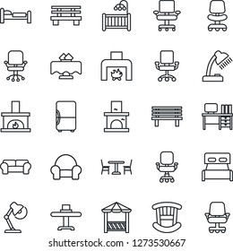 Thin Line Icon Set - cafe vector, bed, office chair, desk, bench, fireplace, lamp, bedroom, children room, cushioned furniture, restaurant table, alcove, fridge