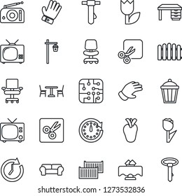 Thin Line Icon Set - cafe vector, tv, office chair, desk, tie, fence, glove, garden light, real heart, cargo container, tulip, radio, cut, cushioned furniture, restaurant table, chip, clock