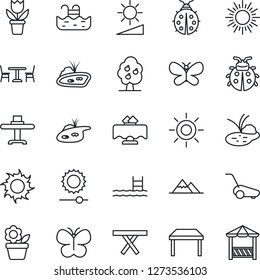 Thin Line Icon Set - cafe vector, sun, flower in pot, lawn mower, butterfly, lady bug, pond, picnic table, brightness, pool, fruit tree, mountains, restaurant, alcove