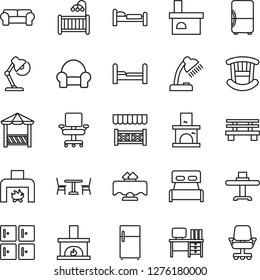 Thin Line Icon Set - cafe vector, bed, checkroom, desk, bench, fireplace, office chair, lamp, bedroom, children room, cushioned furniture, restaurant table, alcove, fridge