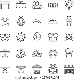 Thin Line Icon Set - cafe vector, sun, flower in pot, butterfly, lady bug, pond, picnic table, brightness, pool, fruit tree, mountains, restaurant, alcove