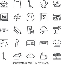 Thin Line Icon Set - cafe vector, waiter, cook hat, wine card, menu, reserved, cocktail, coffee, dress code, credit, restaurant receipt, chicken, kebab, ladle, rolling pin, cutting board, omelette