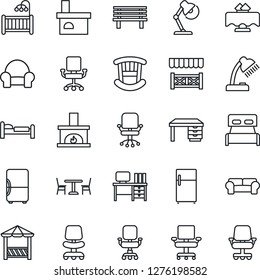 Thin Line Icon Set - cafe vector, bed, office chair, desk, bench, fireplace, lamp, bedroom, children room, cushioned furniture, restaurant table, alcove, fridge