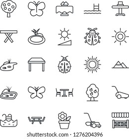 Thin Line Icon Set - cafe vector, sun, flower in pot, lawn mower, butterfly, lady bug, pond, picnic table, brightness, pool, fruit tree, mountains, restaurant, alcove