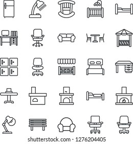 Thin Line Icon Set - cafe vector, bed, checkroom, office chair, desk, bench, fireplace, lamp, bedroom, children room, cushioned furniture, restaurant table, alcove, fridge