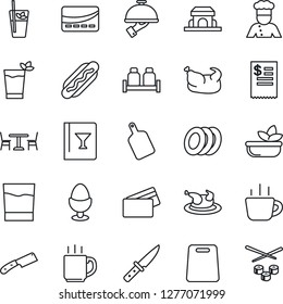 Thin Line Icon Set - cafe vector, coffee, cook, wine card, drink, phyto bar, salad, plates, waiter, egg stand, salt and pepper, building, credit, restaurant receipt, chicken, hot dog, cutting board