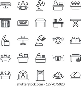 Thin Line Icon Set - cafe vector, baby room, reception, flight table, medical, desk, meeting, manager place, picnic, lamp, restaurant, serviette, reserved, salt and pepper