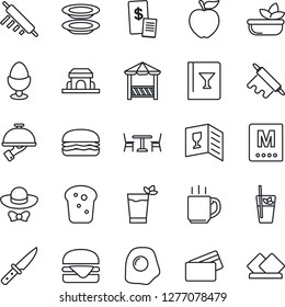 Thin Line Icon Set - cafe vector, coffee, wine card, menu, phyto bar, salad, plates, waiter, egg stand, bread, building, dress code, alcove, credit, restaurant receipt, hamburger, rolling pin, knife