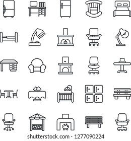 Thin Line Icon Set - cafe vector, checkroom, office chair, desk, bench, fireplace, lamp, bedroom, children room, cushioned furniture, restaurant table, alcove, fridge