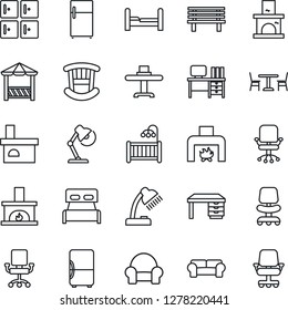 Thin Line Icon Set - cafe vector, checkroom, office chair, desk, bench, fireplace, lamp, bedroom, children room, cushioned furniture, restaurant table, alcove, fridge