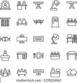 Thin Line Icon Set - cafe vector, reception, flight table, medical room, desk, meeting, manager place, picnic, lamp, restaurant, reserved, salt and pepper, serviette