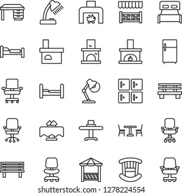 Thin Line Icon Set - cafe vector, bed, checkroom, office chair, desk, bench, fireplace, lamp, bedroom, children room, restaurant table, alcove, fridge