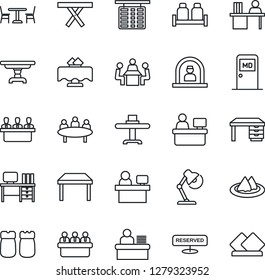 Thin Line Icon Set - cafe vector, reception, flight table, medical room, desk, meeting, manager place, picnic, lamp, restaurant, serviette, reserved, salt and pepper