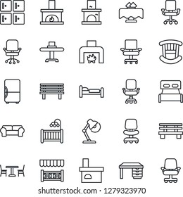 Thin Line Icon Set - cafe vector, bed, checkroom, office chair, desk, bench, fireplace, lamp, bedroom, children room, cushioned furniture, restaurant table, alcove, fridge