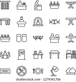 Thin Line Icon Set - cafe vector, baby room, reception, flight table, medical, desk, meeting, manager place, picnic, lamp, restaurant, reserved, salt and pepper, serviette