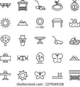 Thin Line Icon Set - cafe vector, sun, flower in pot, lawn mower, butterfly, lady bug, pond, picnic table, brightness, pool, fruit tree, mountains, restaurant, alcove