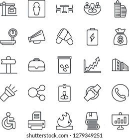 Thin Line Icon Set - cafe vector, male, identity card, money bag, printer, seeds, pills, disabled, joint, signpost, flammable, heavy scales, loudspeaker, torch, company, book, office building, crane