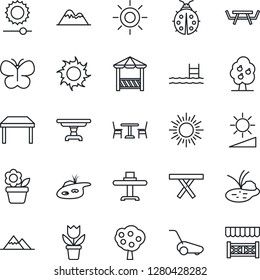 Thin Line Icon Set - cafe vector, sun, flower in pot, lawn mower, butterfly, lady bug, pond, picnic table, brightness, pool, fruit tree, mountains, restaurant, alcove