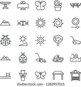 Thin Line Icon Set - cafe vector, sun, flower in pot, lawn mower, butterfly, lady bug, picnic table, brightness, pond, pool, fruit tree, mountains, restaurant, alcove