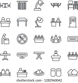 Thin Line Icon Set - cafe vector, baby room, reception, flight table, medical, desk, meeting, manager place, picnic, lamp, restaurant, serviette, reserved, salt and pepper