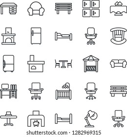 Thin Line Icon Set - cafe vector, bed, checkroom, office chair, desk, bench, fireplace, lamp, bedroom, children room, cushioned furniture, restaurant table, alcove, fridge