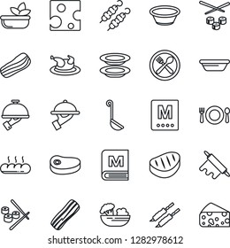 Thin Line Icon Set - cafe vector, menu, salad, plates, bacon, waiter, bread, chicken, steak, kebab, ladle, bowl, rolling pin, sushi, cheese