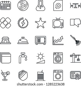 Thin Line Icon Set - cafe vector, safe, rake, patch, shield, vinyl, tv, finger down, brightness, charge, document search, blank box, water supply, washer, city house, crane, reception, cocktail