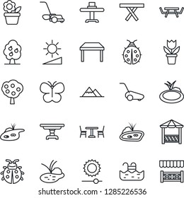 Thin Line Icon Set - cafe vector, flower in pot, lawn mower, butterfly, lady bug, pond, picnic table, brightness, pool, fruit tree, mountains, restaurant, alcove