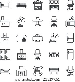 Thin Line Icon Set - cafe vector, bed, checkroom, office chair, desk, bench, fireplace, lamp, bedroom, children room, restaurant table, alcove, fridge