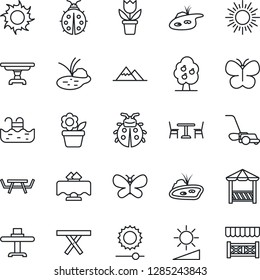 Thin Line Icon Set - cafe vector, sun, flower in pot, lawn mower, butterfly, lady bug, pond, picnic table, brightness, pool, fruit tree, mountains, restaurant, alcove