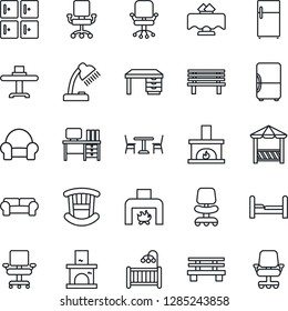 Thin Line Icon Set - cafe vector, checkroom, office chair, desk, bench, fireplace, lamp, bedroom, children room, cushioned furniture, restaurant table, alcove, fridge