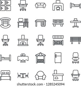 Thin Line Icon Set - cafe vector, bed, checkroom, office chair, desk, bench, fireplace, bedroom, children room, cushioned furniture, restaurant table, alcove, fridge