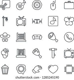 Thin Line Icon Set - cafe vector, phone, tv, case, abacus, mouse, tie, stamp, glove, butterfly, garden light, real heart, cut, music, cushioned furniture, dress code, ham, chip