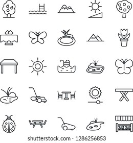 Thin Line Icon Set - cafe vector, flower in pot, lawn mower, butterfly, lady bug, sun, pond, picnic table, brightness, pool, fruit tree, mountains, restaurant, alcove
