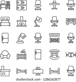 Thin Line Icon Set - cafe vector, bed, checkroom, office chair, desk, bench, fireplace, lamp, bedroom, children room, cushioned furniture, restaurant table, alcove, fridge