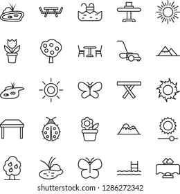 Thin Line Icon Set - cafe vector, sun, flower in pot, lawn mower, butterfly, lady bug, pond, picnic table, brightness, pool, fruit tree, mountains, restaurant