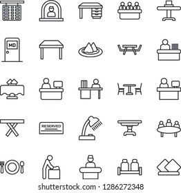 Thin Line Icon Set - cafe vector, baby room, reception, flight table, medical, desk, meeting, manager place, picnic, lamp, restaurant, serviette, reserved, salt and pepper